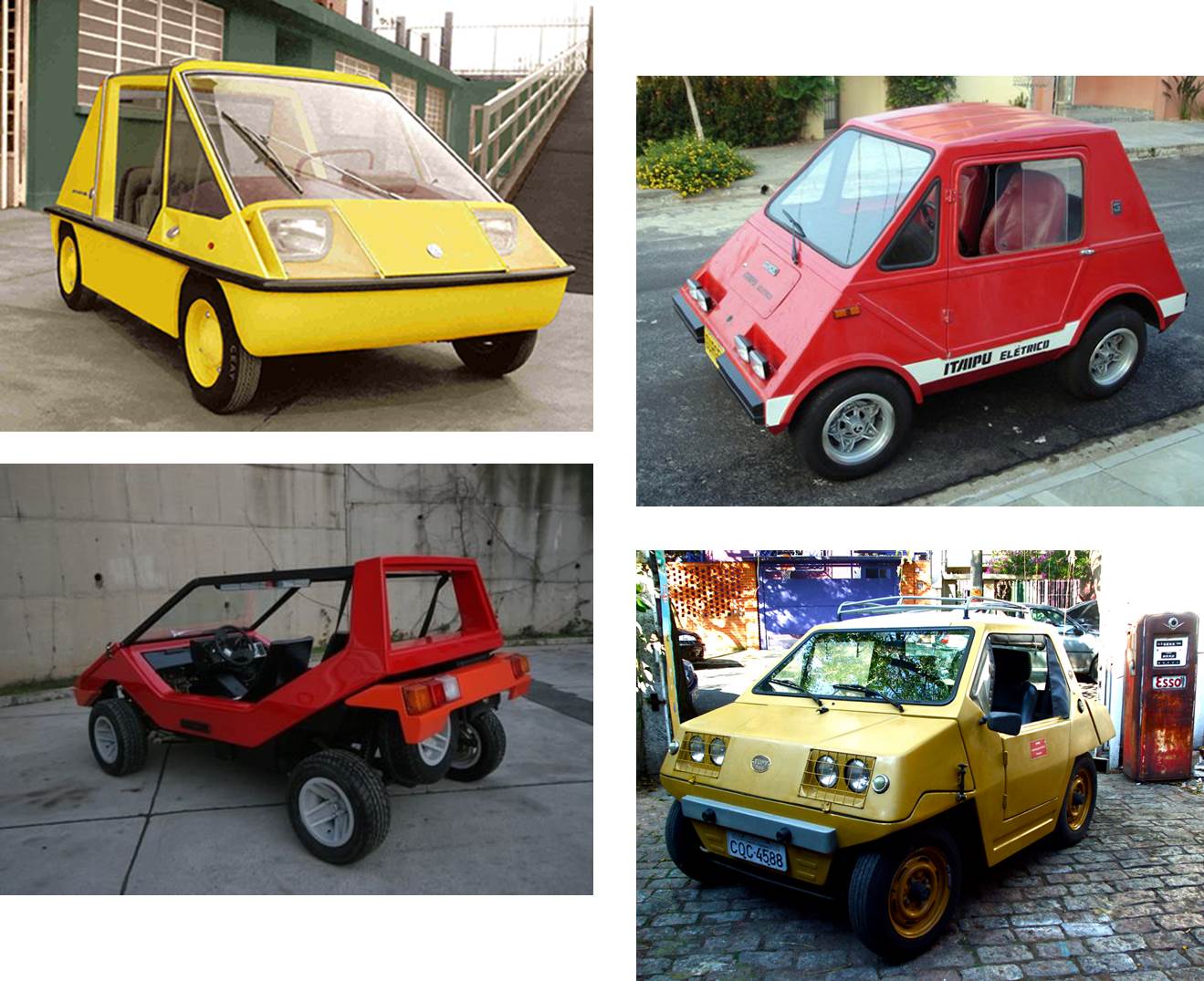 Diversos modelos influenciaram o design do Mini. Em sentido horário temos Aruanda, Gurgel Itaipu, Anadol Bocëk e o próprio Mini Tupi. Fontes: Respectivamente, Lexicar Brasil [1],