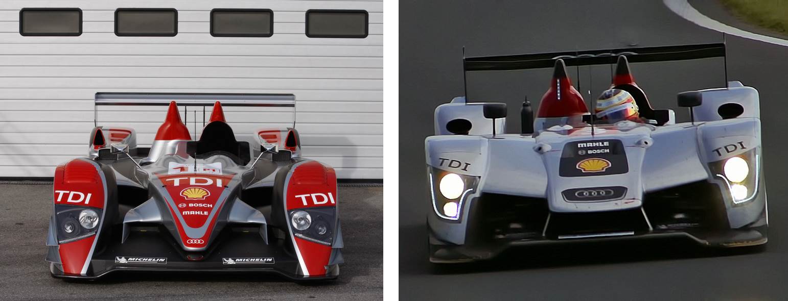 Em 2009 as regras para os carros da LMP1 mudaram e as asas traseiras tiveram sua dimensão reduzida de 2 metros (R10 TDI a esquerda) para 1,6 metros (R15 TDI a direita). Fonte: Wikipedia.