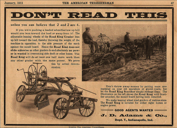 Propaganda de época das niveladoras J. D. Adams. Fonte: Historic Indianapolis [4]
